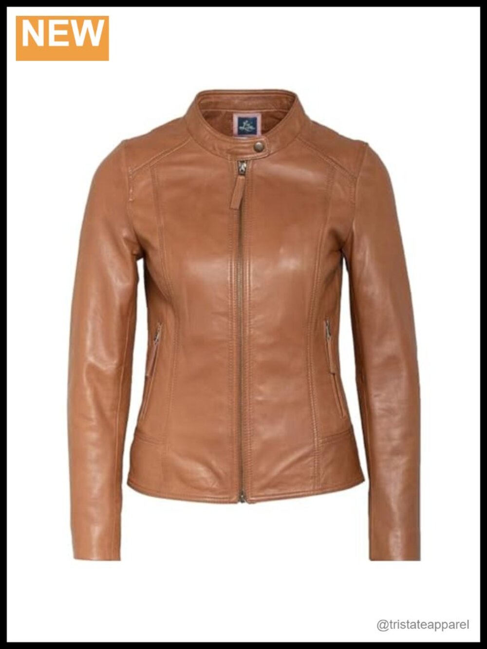 Genuine Leather Jacket Band Collar Front Zipper Long Sleeve Motorcycle Casual
